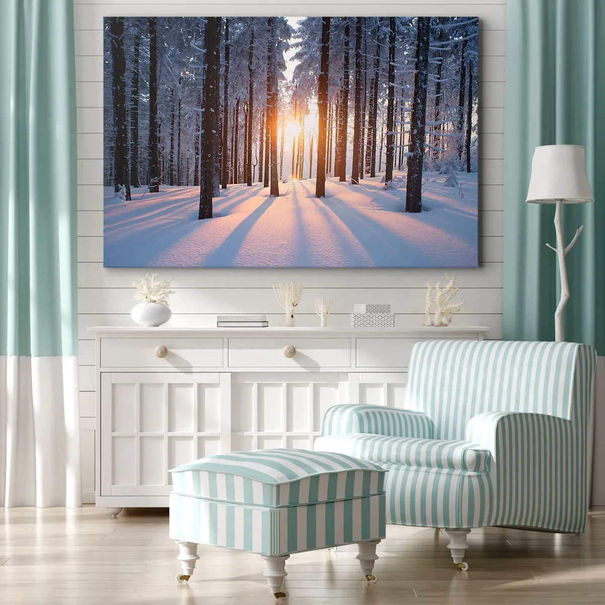 Quadro em tela - Floresta de inverno iluminada pelos raios do sol - 70x50cm - Preto no branco - Decoração de parede moderna para a sala de estar e quarto ARTTOR