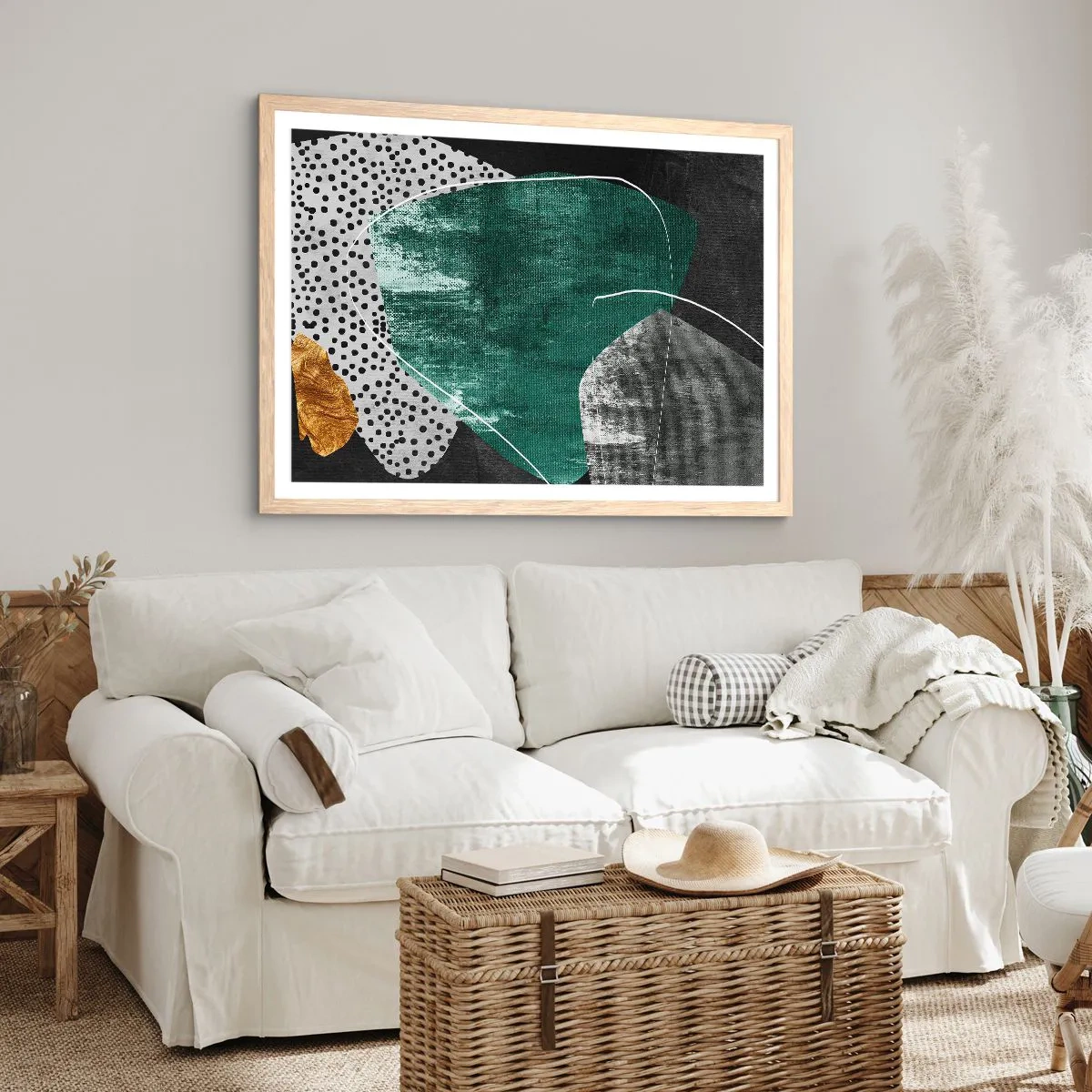 Pôster com moldura de carvalho claro - Abstração colorida com folha de ouro - 50x40 cm