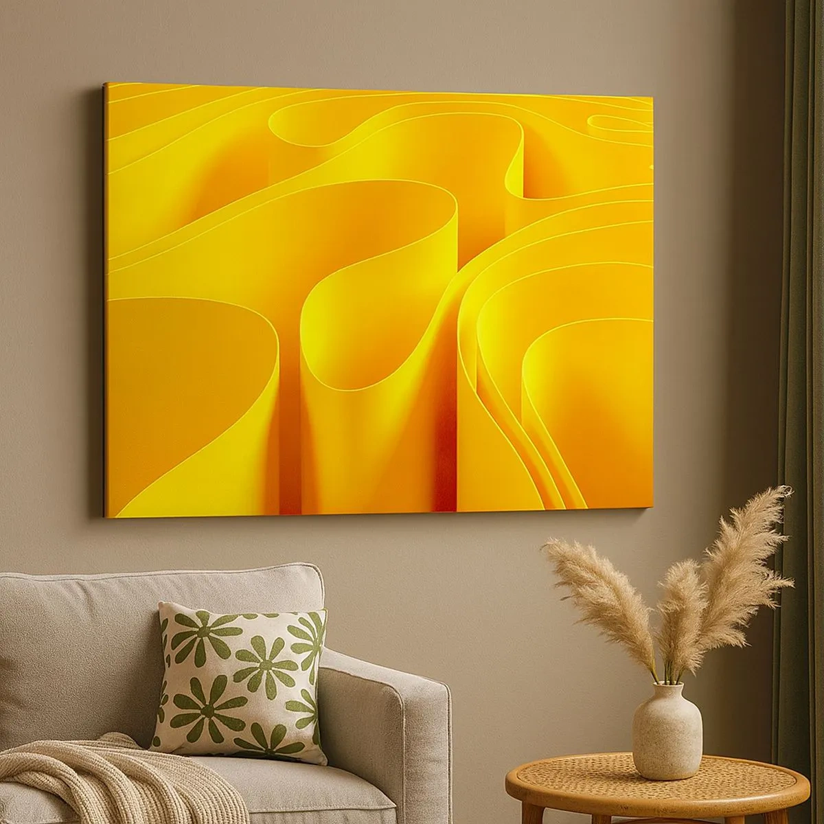 Quadro em tela - Ondas abstratas amarelas que lembram raios de sol - 70x50cm - Como as ondas do sol - Decoração de parede moderna para a sala de estar e quarto ARTTOR