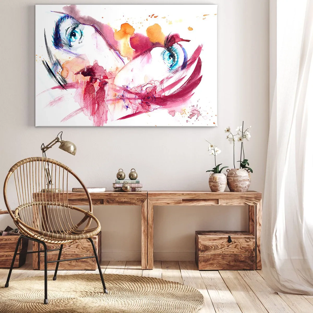 Quadro em tela - Um rosto abstrato com olhos expressivos e detalhes em vermelho. - 70x50cm - Na proximidade, o mundo floresce - Decoração de parede moderna para a sala de estar e quarto ARTTOR