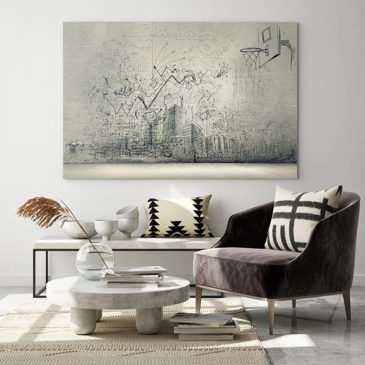 Quadro em vidro - Esboço gráfico com elementos comerciais e criativos - 70x50cm - Minha vida maravilhosa na cidade - Decoração de parede moderna para a sala de estar e quarto ARTTOR