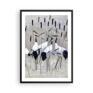 Pôster com moldura preta - A graça dos guindastes em uma paisagem sutil de grama e água - 50x70cm - Entre os seus - Decoração de parede moderna para a sala de estar e quarto ARTTOR