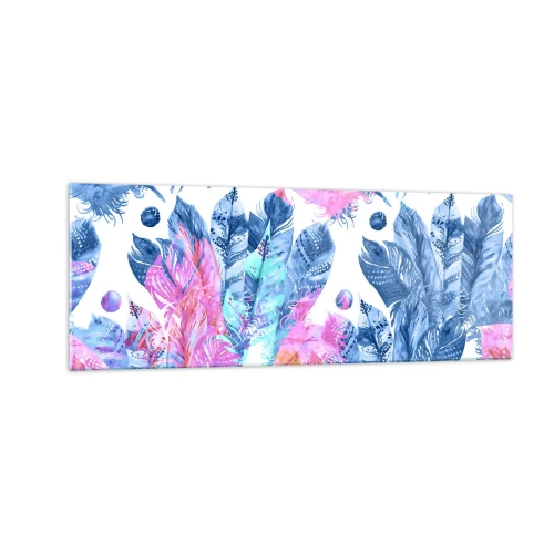 Quadro em vidro - Plumas em rosa e azul - 140x50 cm