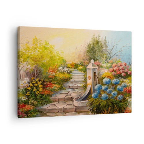Quadro em tela - Um jardim pitoresco com uma fonte e flores coloridas - 70x50cm - Em pleno florescimento - Decoração de parede moderna para a sala de estar e quarto ARTTOR