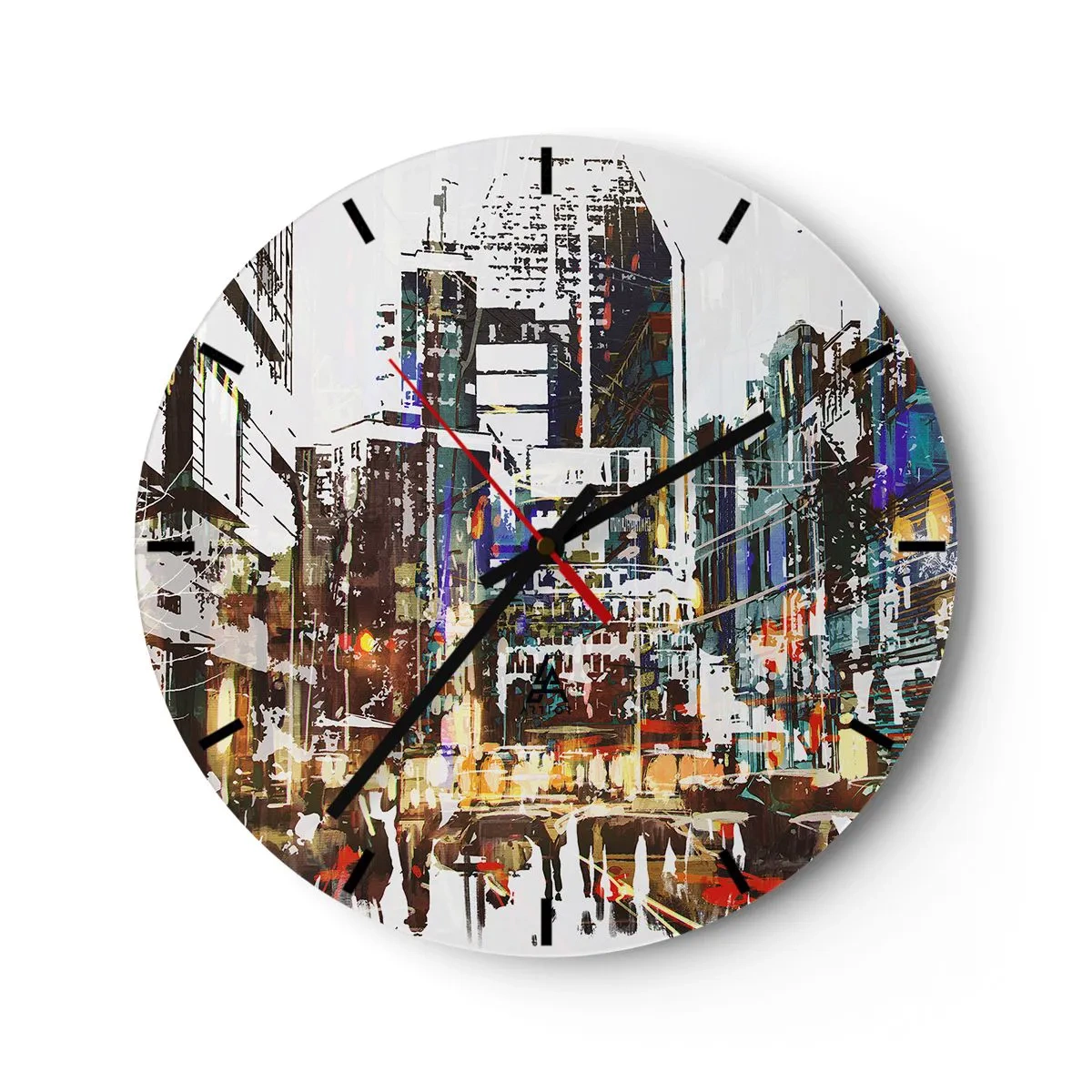 Relógio de parede - Relógio em vidro - Panorama abstrato da cidade em cores intensas - 30x30cm - Cidade cintilante - Decoração de parede moderna para a sala de estar, cozinha e quarto ARTTOR