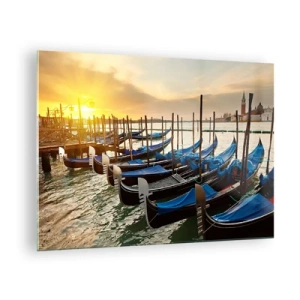 Quadro em vidro - Gôndolas em Veneza ao pôr do sol - 70x50cm - Antes que o burburinho chegue - Decoração de parede moderna para a sala de estar e quarto ARTTOR