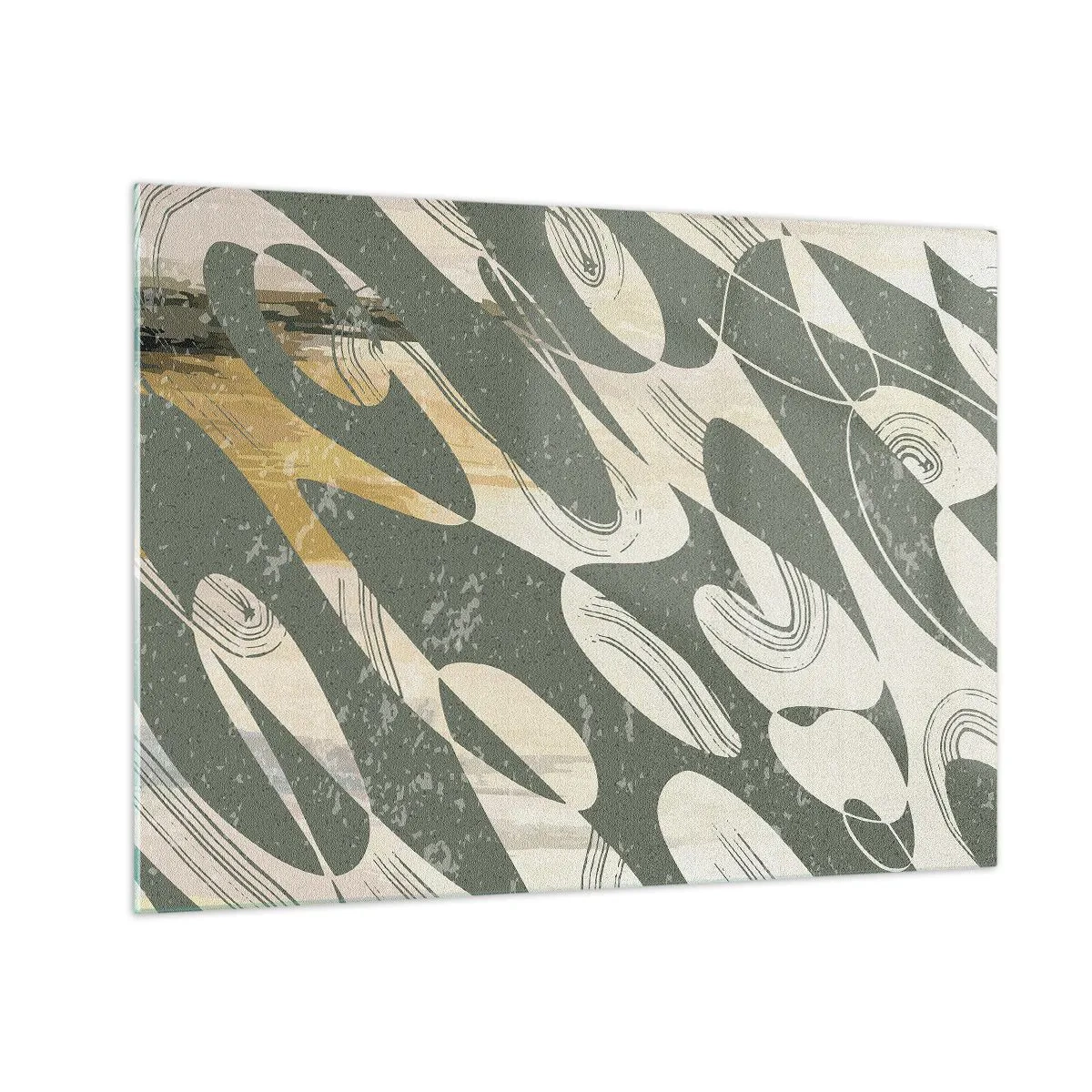Quadro em vidro - Uma composição verde e bege com formas orgânicas dinâmicas - 70x50cm - Abstração rítmica - Decoração de parede moderna para a sala de estar e quarto ARTTOR