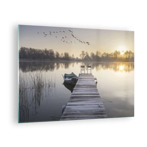 Quadro em vidro - Manhã no lago com um píer - 70x50cm - Voltarei dentro de algum tempo - Decoração de parede moderna para a sala de estar e quarto ARTTOR