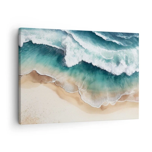 Quadro em tela - Vista da praia e das ondas do mar em tons de turquesa - 70x50cm - O eterno encontro - Decoração de parede moderna para a sala de estar e quarto ARTTOR