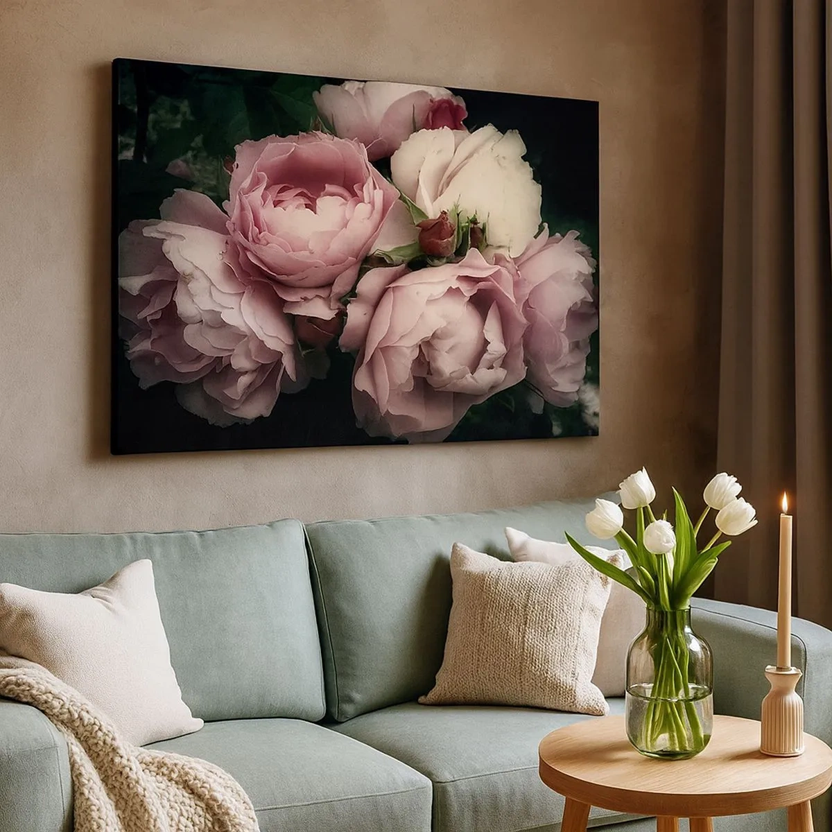 Quadro em tela - Um buquê de rosas em delicados tons de rosa e branco - 70x50cm - O encanto da belle epoque - Decoração de parede moderna para a sala de estar e quarto ARTTOR