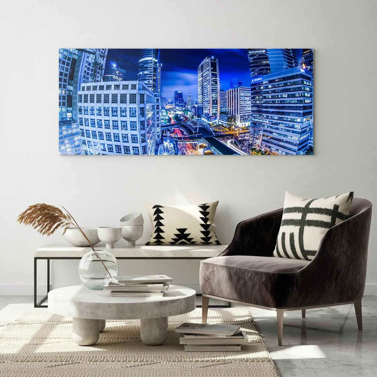 Quadro em vidro - Ritmos da cidade noturna - 100x40 cm
