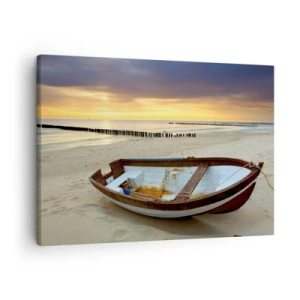 Quadro em tela - Um barco em uma praia de areia ao pôr do sol - 70x50cm - Não há mais praias bonitas do que essa - Decoração de parede moderna para a sala de estar e quarto ARTTOR