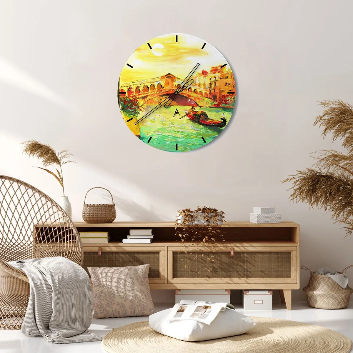 Relógio de parede - Relógio em vidro - Uma cena com uma gôndola tendo como pano de fundo uma ponte em cores douradas - 30x30cm - Romaria dos amantes - Decoração de parede moderna para a sala de estar, cozinha e quarto ARTTOR