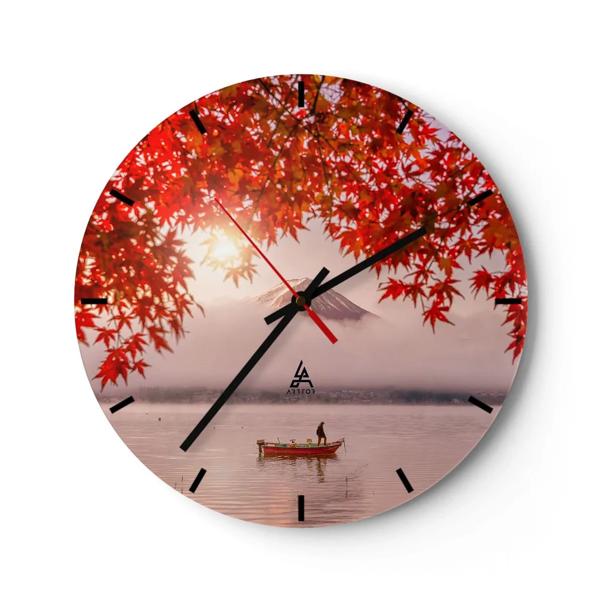 Relógio de parede - Relógio em vidro - Folhas de outono com o Monte Fuji ao fundo e um barco em um lago - 30x30cm - No clima japonês - Decoração de parede moderna para a sala de estar, cozinha e quarto ARTTOR