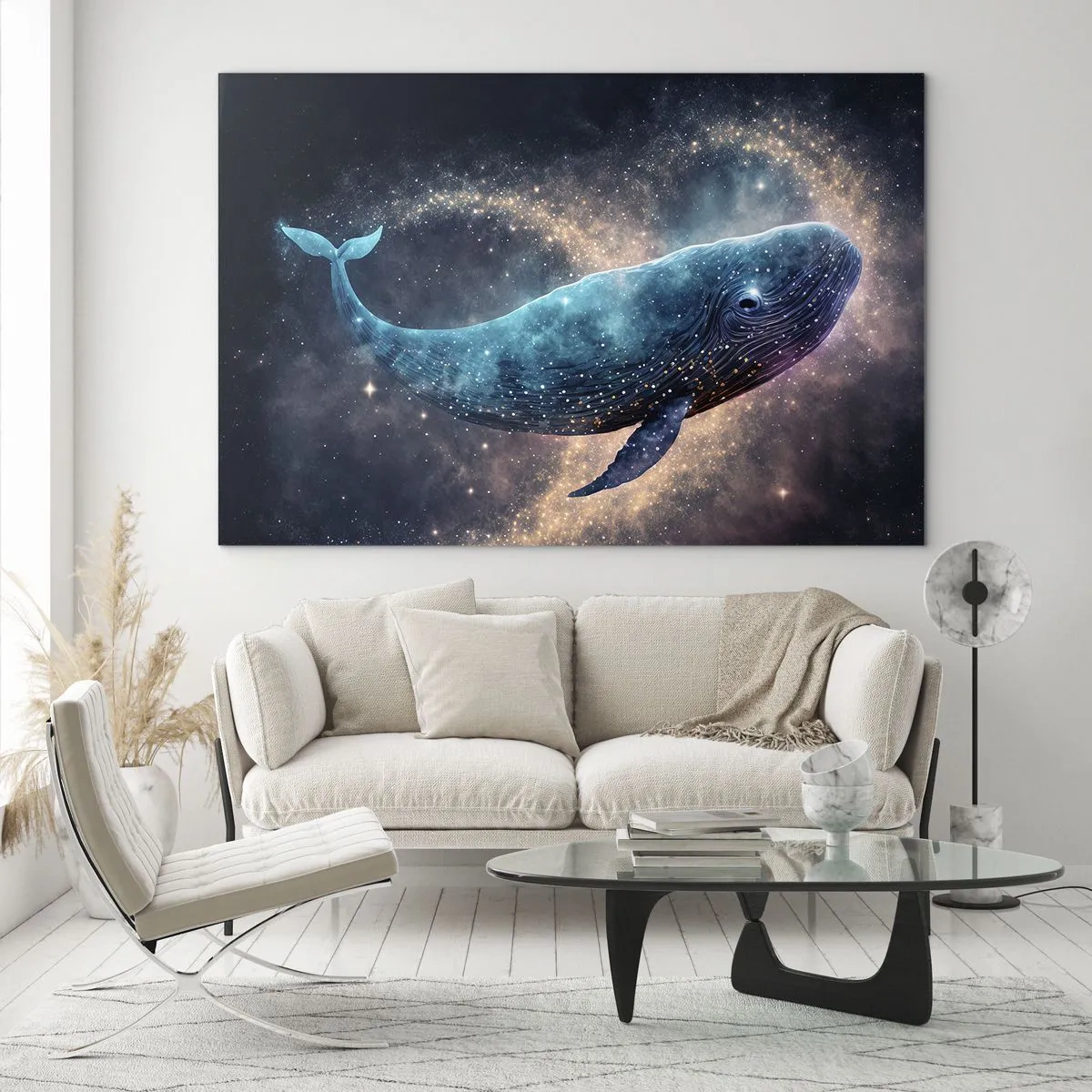 Quadro em vidro - Baleia azul flutuando na galáxia - 70x50cm - Existe um mundo assim… - Decoração de parede moderna para a sala de estar e quarto ARTTOR