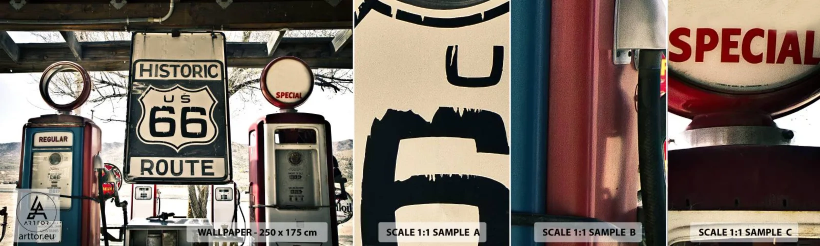 Amostra de Papel de Parede Standard Eco - Viagens retro americanas - Vintage, Rota 66, Rota 66 - 100x30 cm