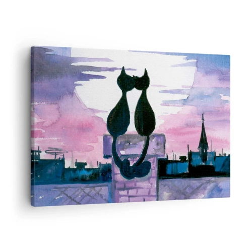 Quadro em tela - Gatos pretos em um telhado ao luar em um cenário de aquarela - 70x50cm - Rendez-vous sob a lua - Decoração de parede moderna para a sala de estar e quarto ARTTOR