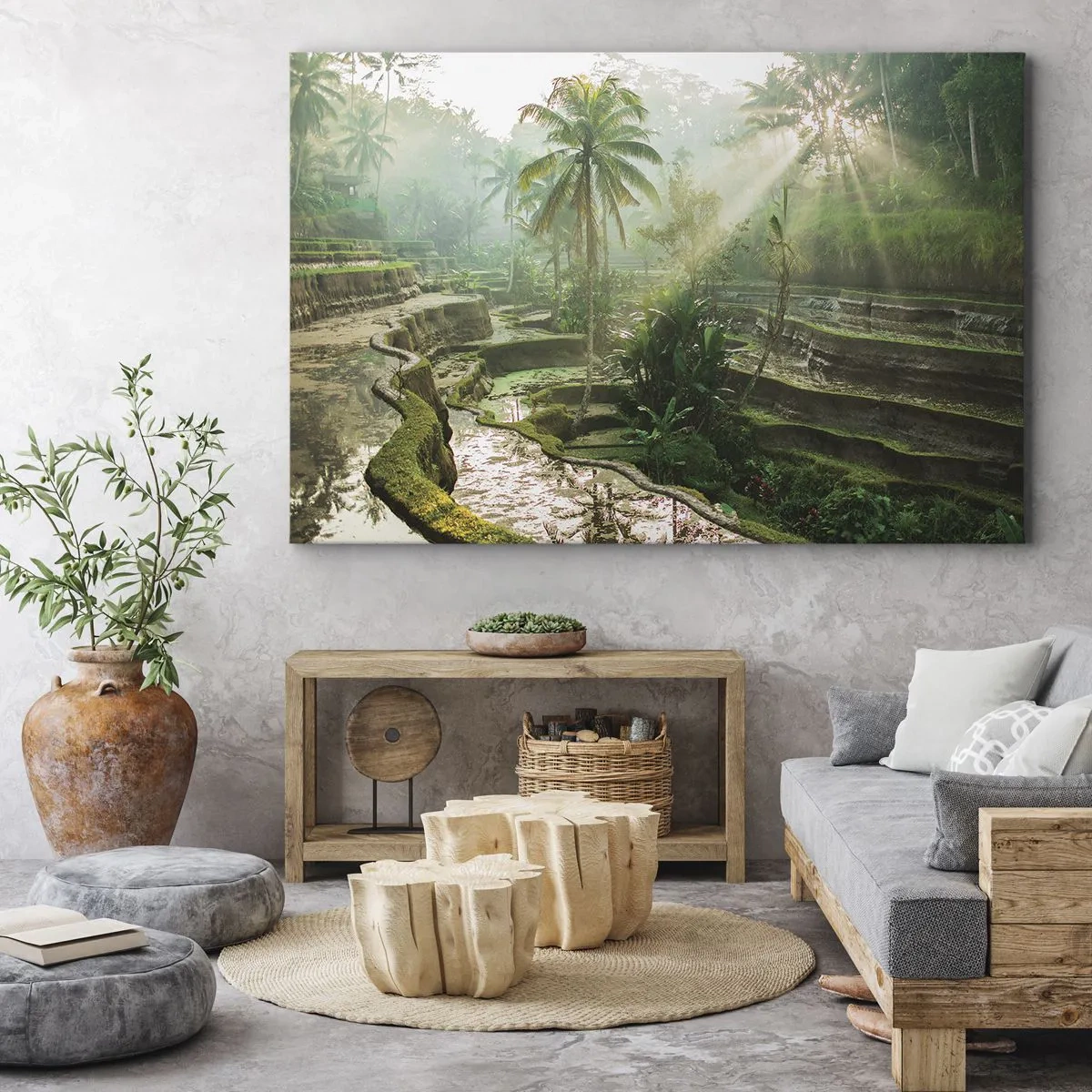 Quadro em tela - Terraços de arroz com palmeiras sob os raios do sol - 70x50cm - Crescer ao sol - Decoração de parede moderna para a sala de estar e quarto ARTTOR