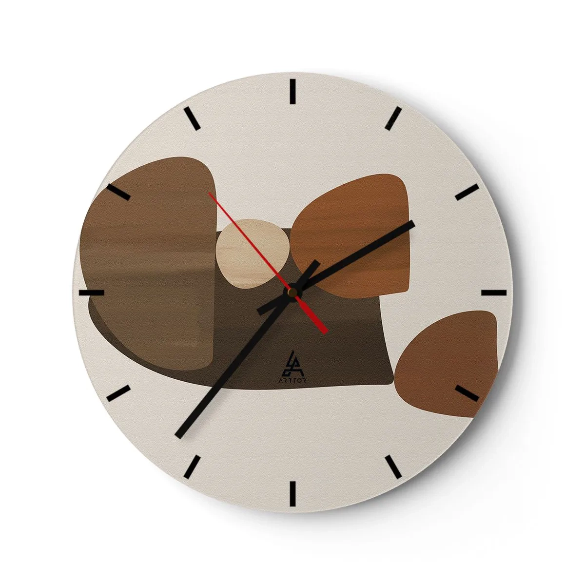 Relógio de parede - Relógio em vidro - Formas abstratas em tons de marrom sobre fundo bege - 30x30cm - Composição em bronze - Decoração de parede moderna para a sala de estar, cozinha e quarto ARTTOR
