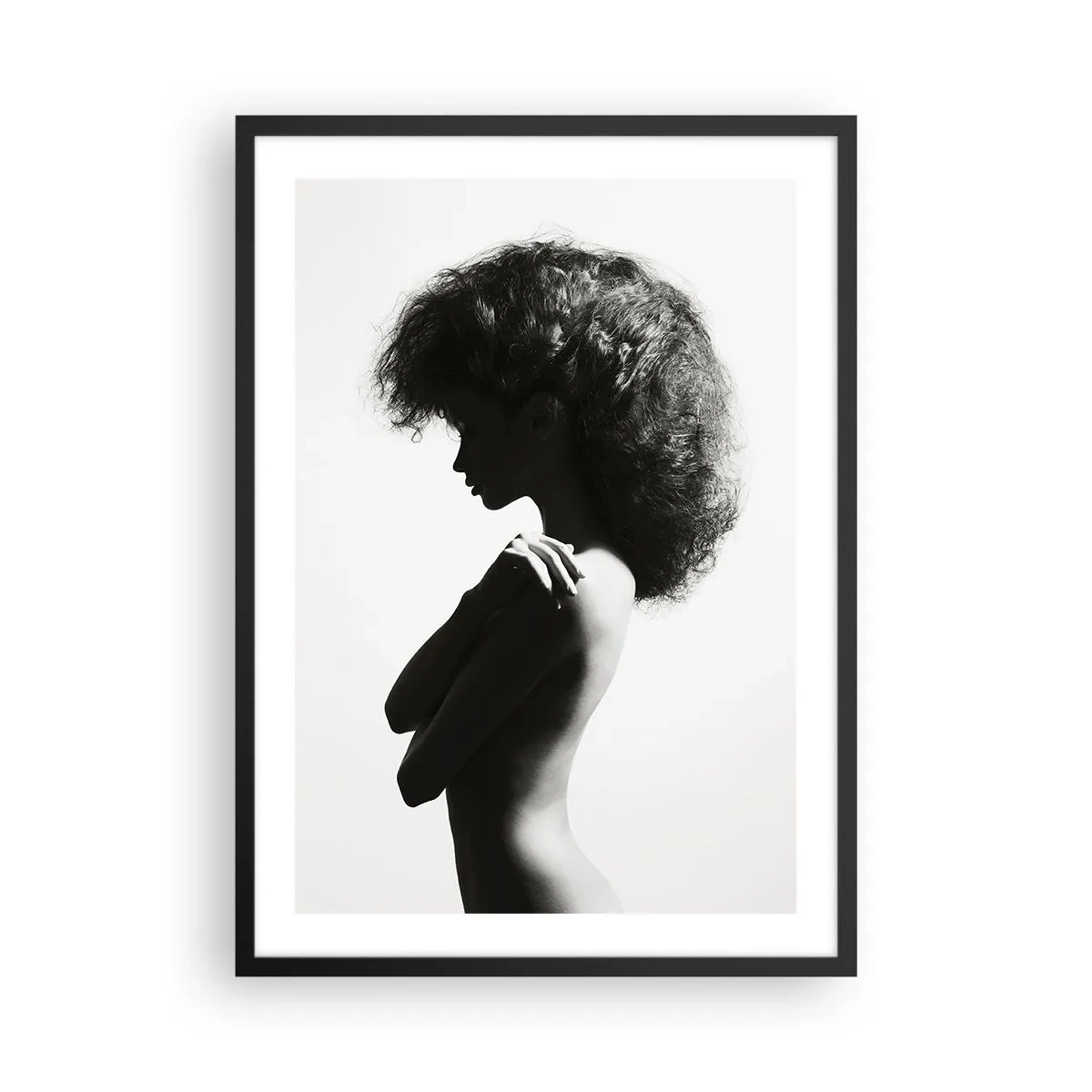 Pôster com moldura preta - Perfil de uma mulher em uma elegante fotografia em preto e branco - 50x70cm - Como uma flor em um caule fino - Decoração de parede moderna para a sala de estar e quarto ARTTOR