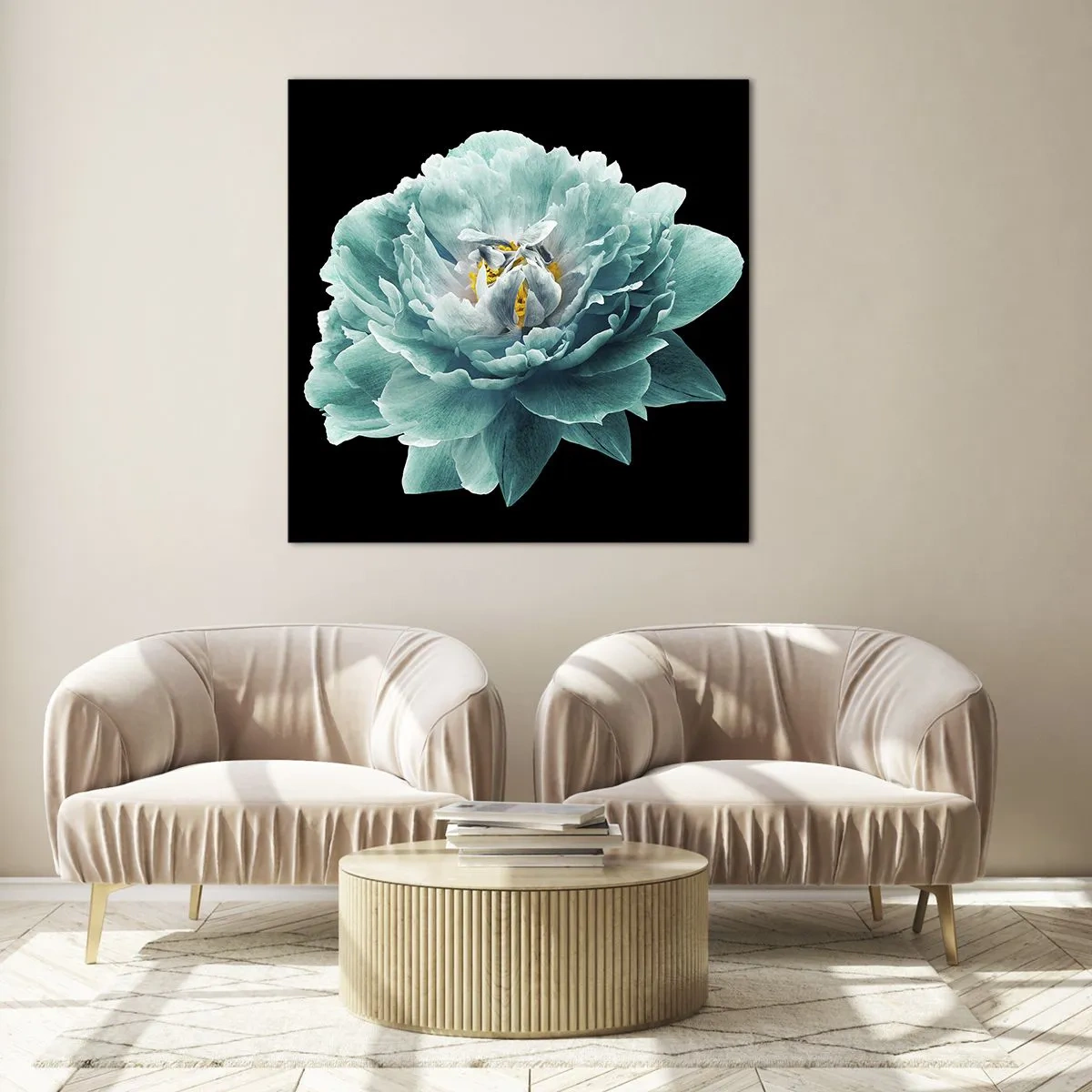 Quadro em vidro - Pétalas azuis e douradas - 50x50 cm