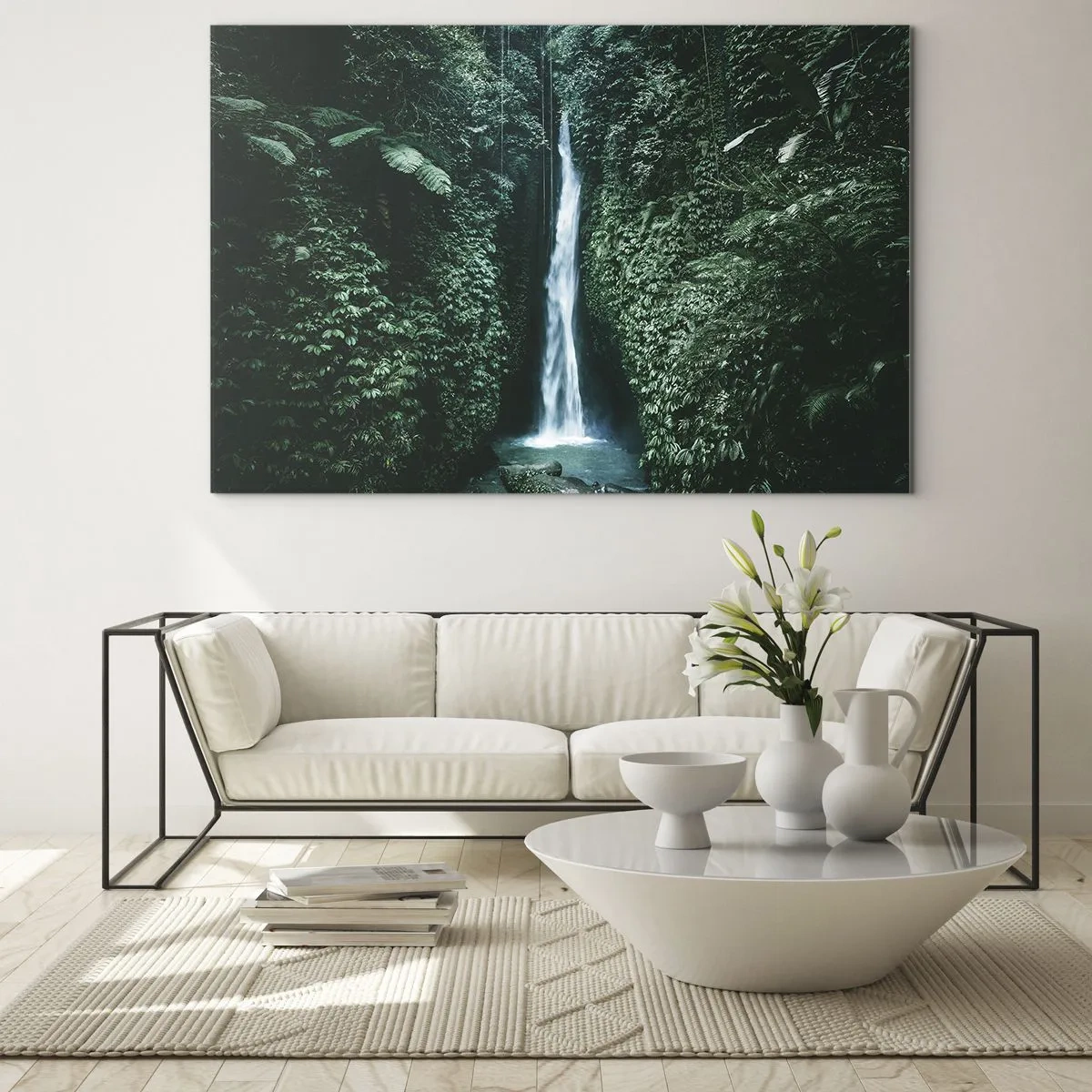 Quadro em vidro - Uma cachoeira em meio à densa vegetação tropical - 70x50cm - Primavera tropical - Decoração de parede moderna para a sala de estar e quarto ARTTOR