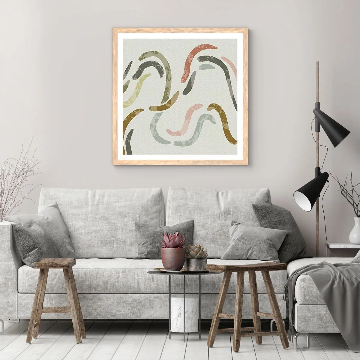 Pôster com moldura de carvalho claro - Uma alegre dança de abstração - 60x60 cm