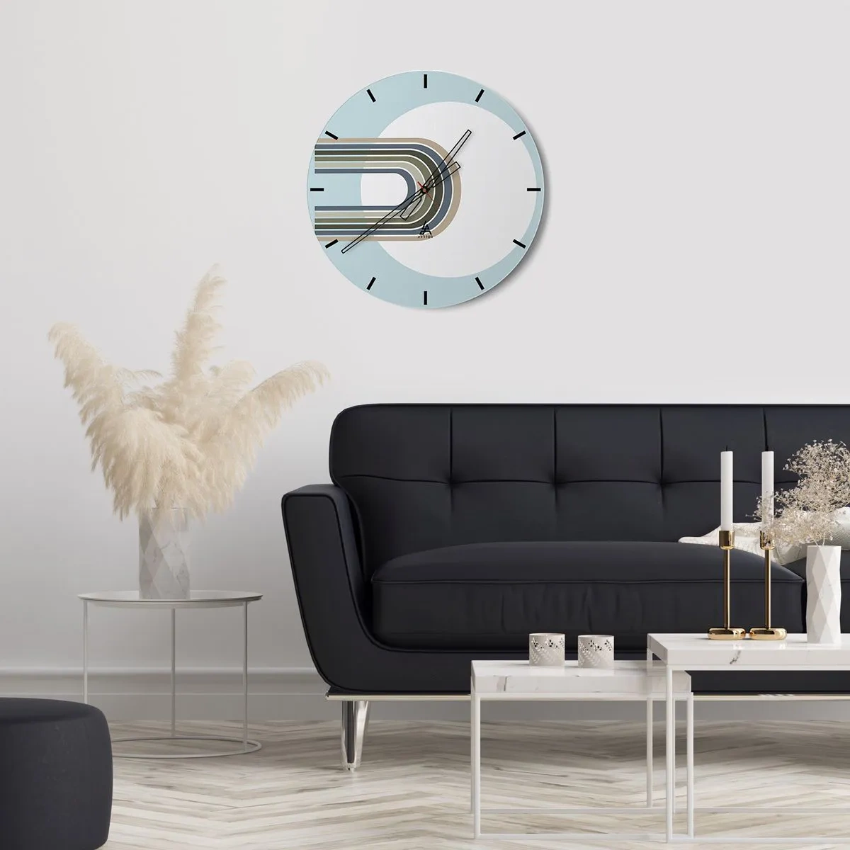 Relógio de parede - Relógio em vidro - Linhas gráficas em forma de ímã sobre fundo azul - 30x30cm - Atração irresistível - Decoração de parede moderna para a sala de estar, cozinha e quarto ARTTOR