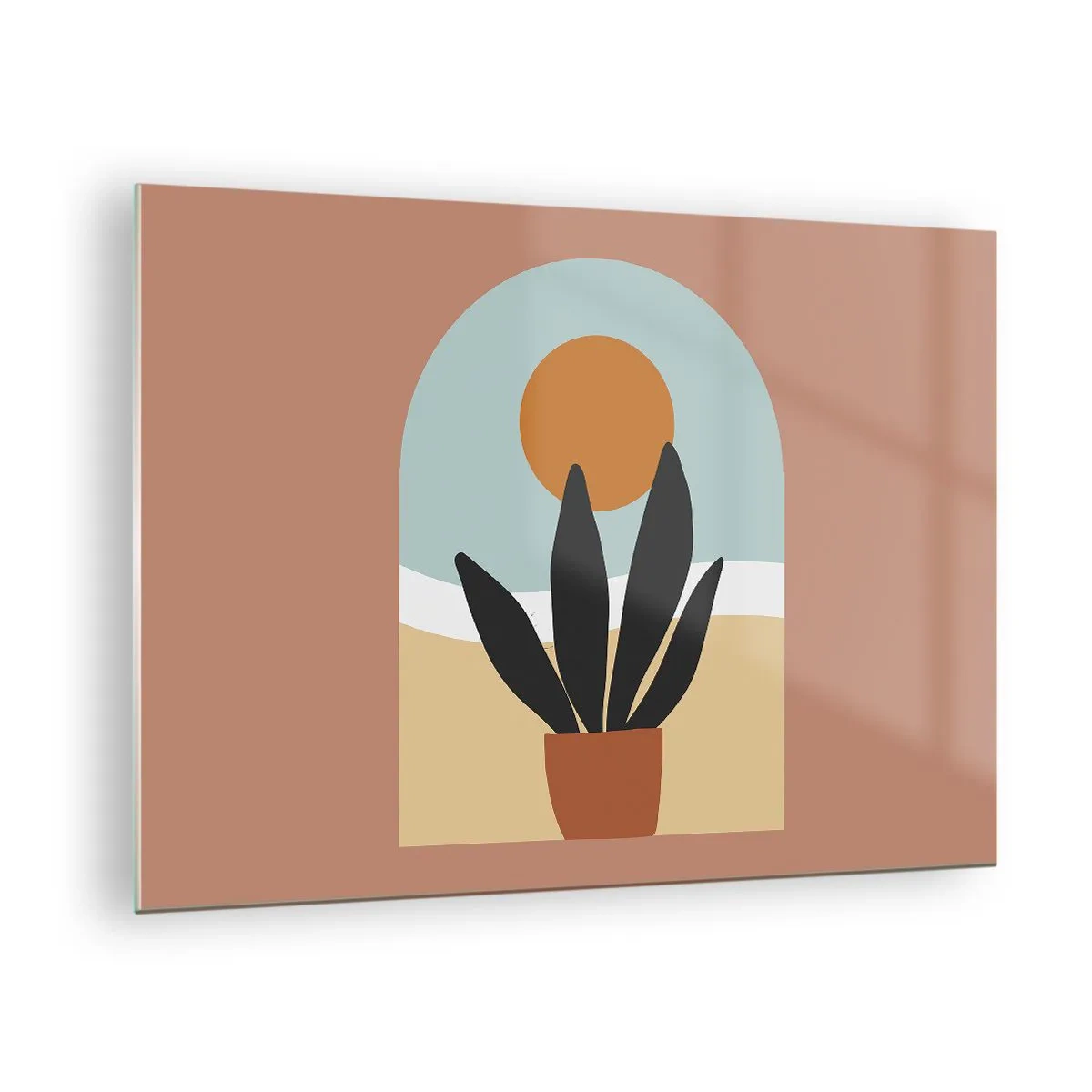 Quadro em vidro - Uma cena abstrata com uma planta em vaso e o sol ao fundo, em cores pastéis. - 70x50cm - Pequenas alegrias - Decoração de parede moderna para a sala de estar e quarto ARTTOR