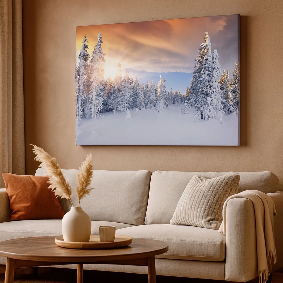 Quadro em tela - Paisagem de inverno com uma floresta coberta de neve ao pôr do sol - 70x50cm - Espetáculo de neve da natureza - Decoração de parede moderna para a sala de estar e quarto ARTTOR