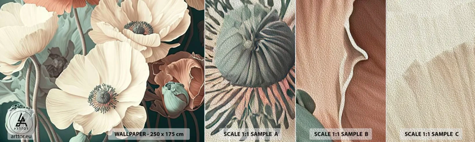 Amostra de papel de parede Premium Sand - O sussurro das papoulas - Flores, Plantas, Pastel - 100x30 cm