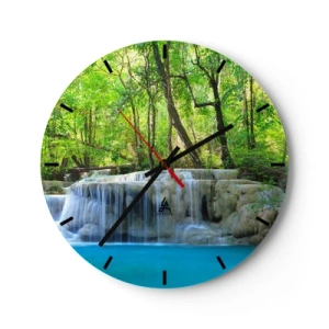 Relógio de parede - Relógio em vidro - Uma cachoeira cercada por floresta verde e água turquesa - 30x30cm - Afogar-se na turquesa e vegetação - Decoração de parede moderna para a sala de estar, cozinha e quarto ARTTOR