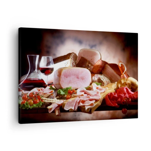 Quadro em tela - Frios com vinho em fundo rústico - 70x50cm - Um sonho culinário com uma jarra - Decoração de parede moderna para a sala de estar e quarto ARTTOR