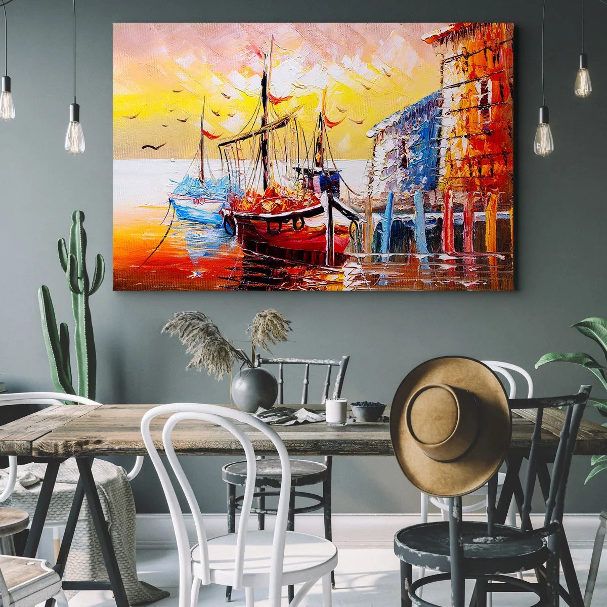 Quadro em tela - Porto pitoresco ao pôr do sol com barcos de pesca - 70x50cm - Feliz retorno - Decoração de parede moderna para a sala de estar e quarto ARTTOR