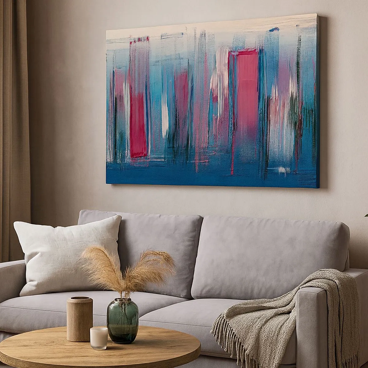 Quadro em tela - Formas verticais abstratas em tons de azul e vermelho - 70x50cm - Composição vertical em azul e vermelho - Decoração de parede moderna para a sala de estar e quarto ARTTOR