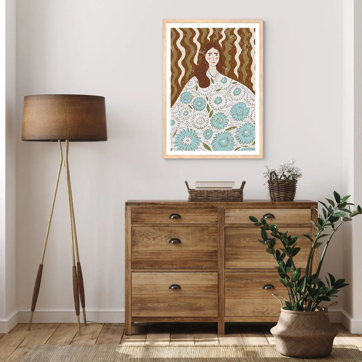 Pôster com moldura de carvalho claro - Retrato em um manto floral - 70x100 cm