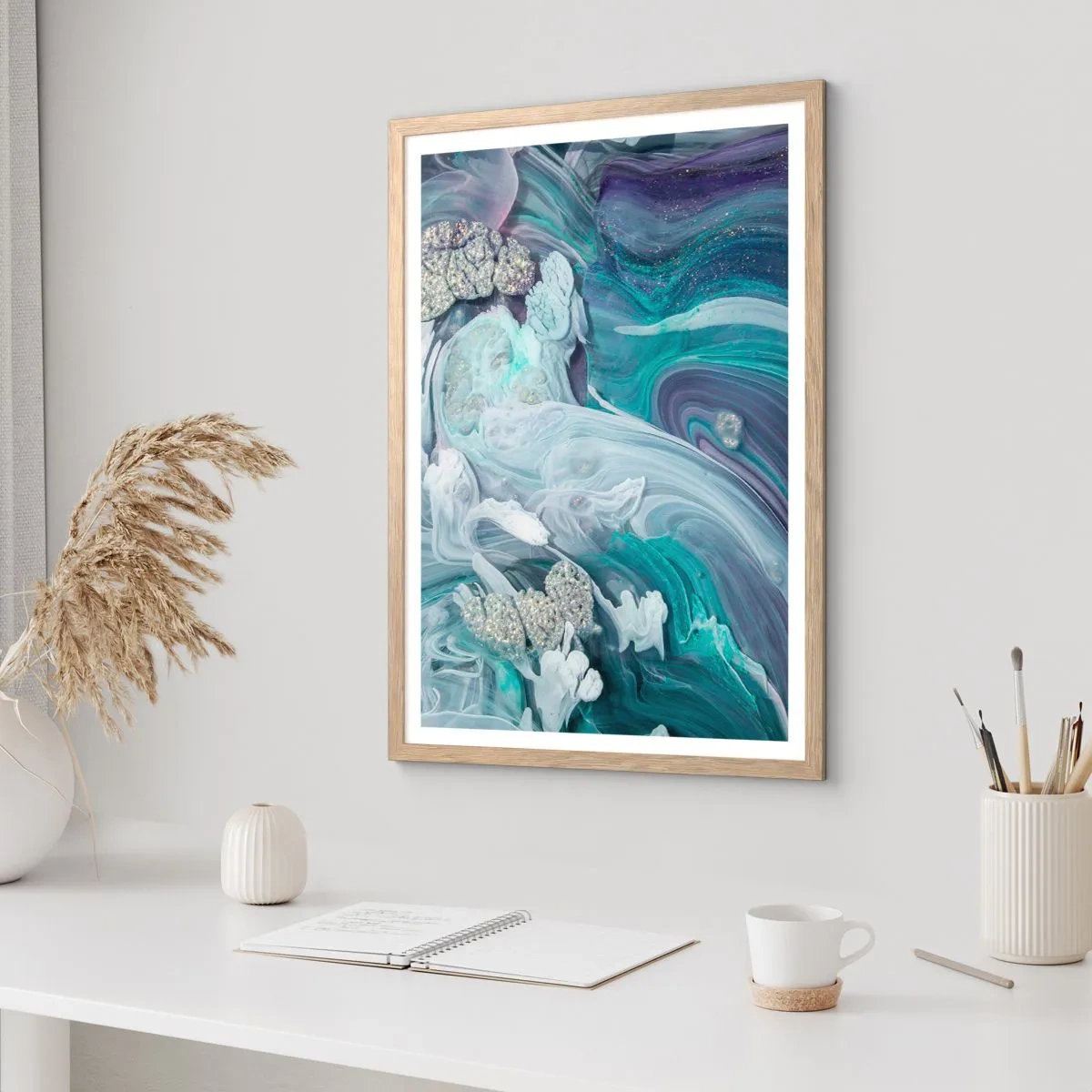 Pôster com moldura de carvalho claro - Correntes de azul - 70x100 cm