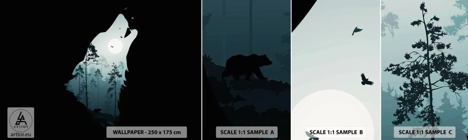 Amostra de papel de parede autocolante Deluxe Sticker - A voz da noite da floresta - Abstração, Urso, Caverna - 100x30 cm