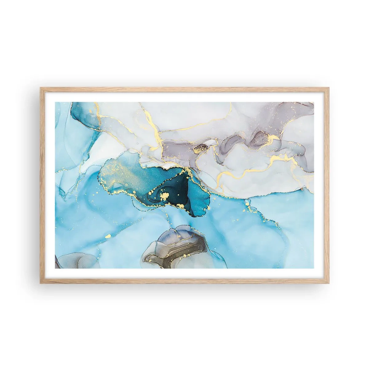 Pôster com moldura de carvalho claro - Estudo do encontro do cinza e turquesa - 91x61 cm