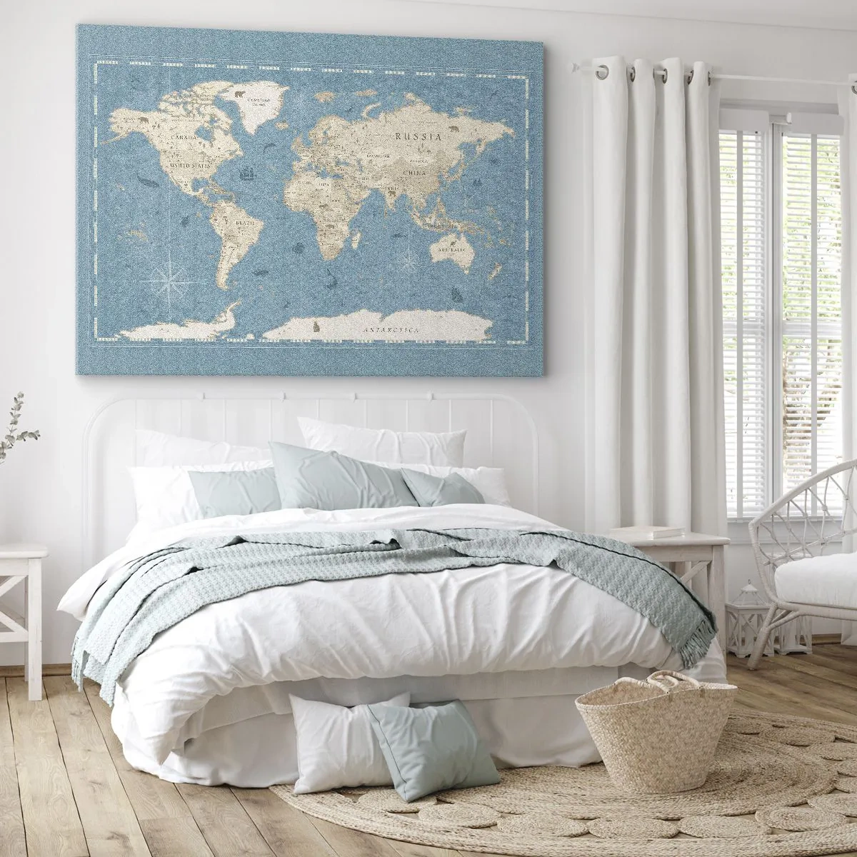 Quadro em tela - Mapa-múndi decorativo em tons de azul e bege - 70x50cm - O mundo ao seu alcance - Decoração de parede moderna para a sala de estar e quarto ARTTOR