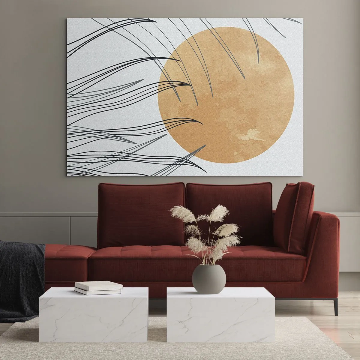 Quadro em vidro - Sol laranja com linhas dinâmicas em um fundo claro - 70x50cm - Sempre em direção ao sol - Decoração de parede moderna para a sala de estar e quarto ARTTOR