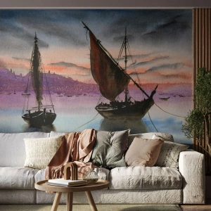 Papel de Parede Premium Sand - Noite no porto - Veleiros, Beira-mar, Paisagem - 100x70 cm