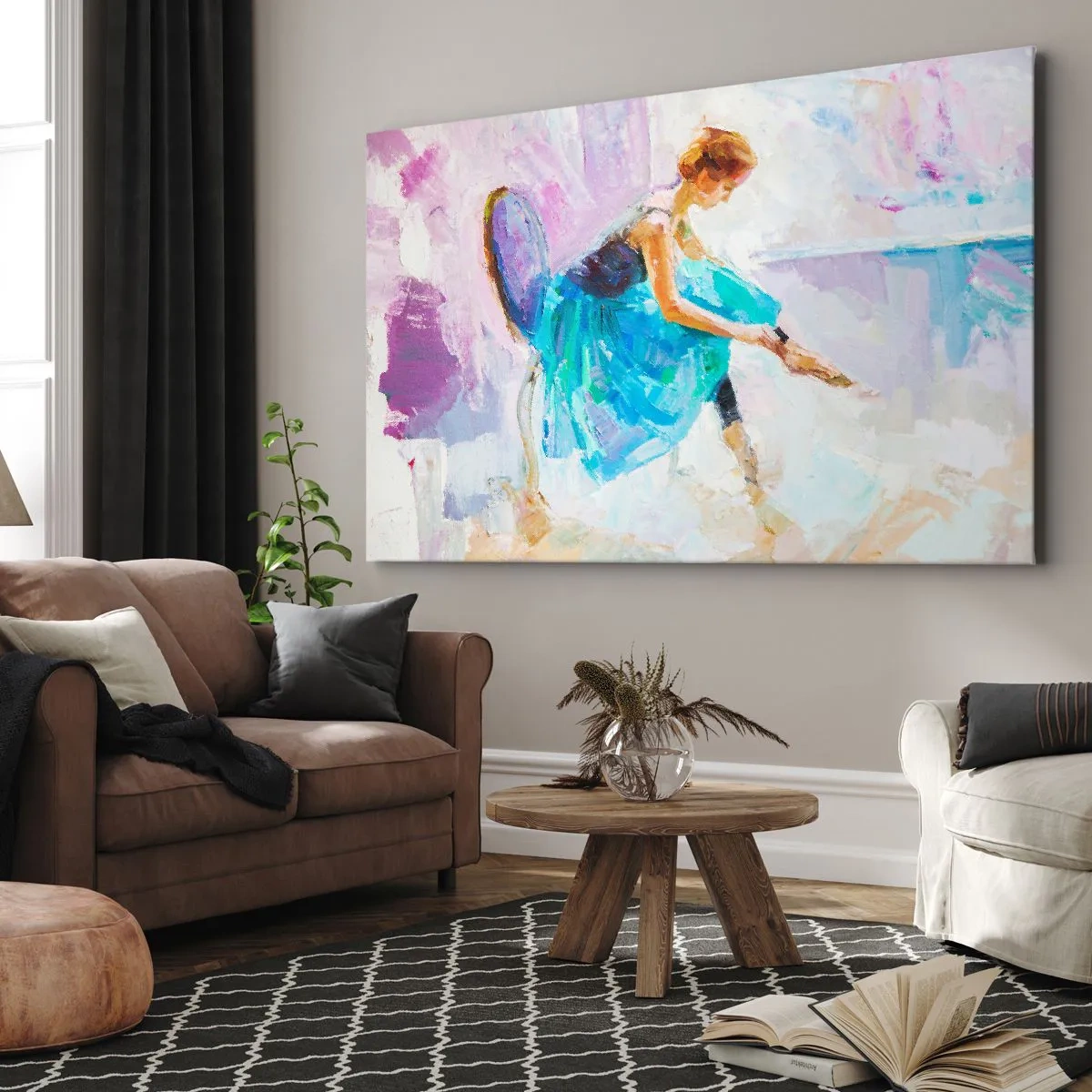 Quadro em tela - Uma bailarina se preparando para dançar em tons pastéis. - 70x50cm - Graça inefável, charme sutil - Decoração de parede moderna para a sala de estar e quarto ARTTOR
