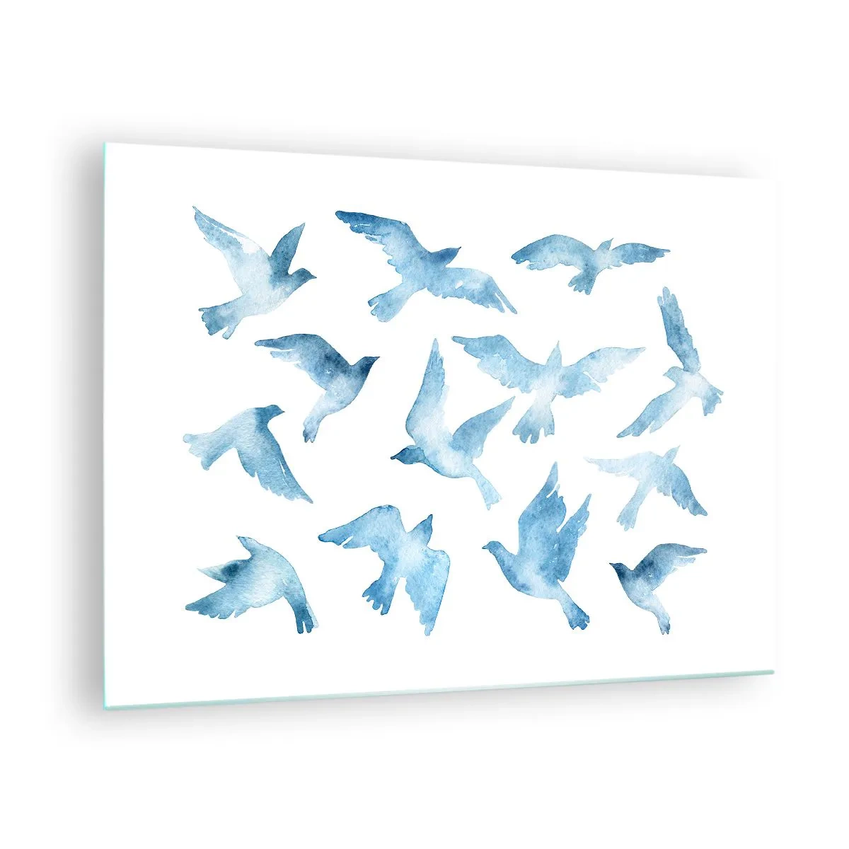Quadro em vidro - Ilustração de pássaros azuis em um fundo branco - 70x50cm - Pássaros azuis - Decoração de parede moderna para a sala de estar e quarto ARTTOR