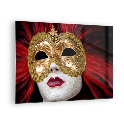 Quadro em vidro - Máscara de carnaval dourada com penas vermelhas - 70x50cm - A promessa da aventura de carnaval - Decoração de parede moderna para a sala de estar e quarto ARTTOR