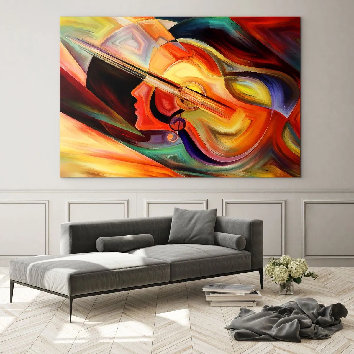 Quadro em vidro - Retrato abstrato com um violão e notas musicais ao fundo - 70x50cm - Está tudo bem - Decoração de parede moderna para a sala de estar e quarto ARTTOR