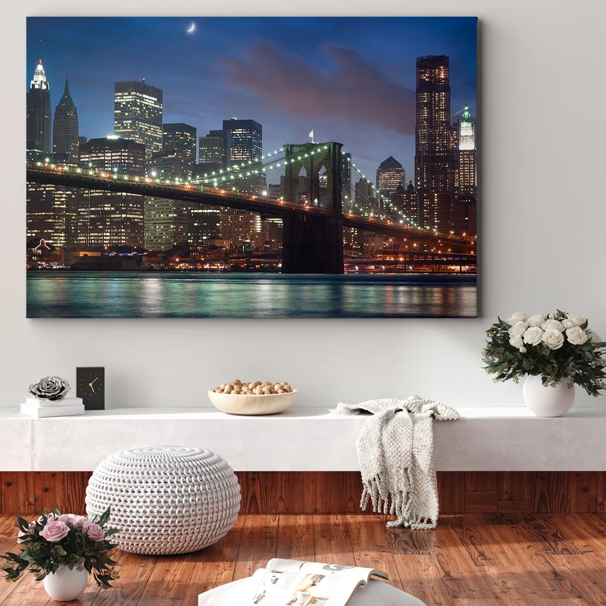 Quadro em tela - Ponte da cidade de Nova York à noite com edifícios iluminados - 70x50cm - Noite brilhante - Decoração de parede moderna para a sala de estar e quarto ARTTOR