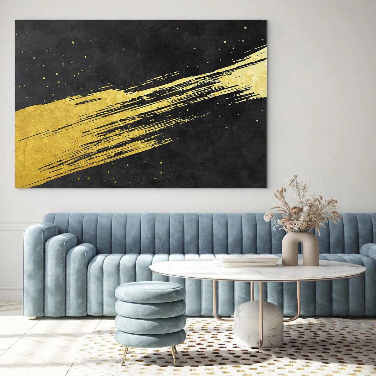 Quadro em vidro - Um pincel dourado sobre um fundo preto em uma forma dinâmica e abstrata - 70x50cm - Salto para o hiperespaço - Decoração de parede moderna para a sala de estar e quarto ARTTOR