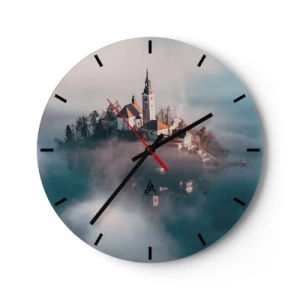 Relógio de parede - Relógio em vidro - Uma ilha com uma igreja cercada por neblina e água - 30x30cm - A ilha dos Sonhos - Decoração de parede moderna para a sala de estar, cozinha e quarto ARTTOR