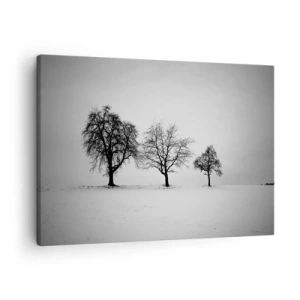 Quadro em tela - Três árvores em um campo nevado em estilo monocromático - 70x50cm - Com que sonham elas? - Decoração de parede moderna para a sala de estar e quarto ARTTOR
